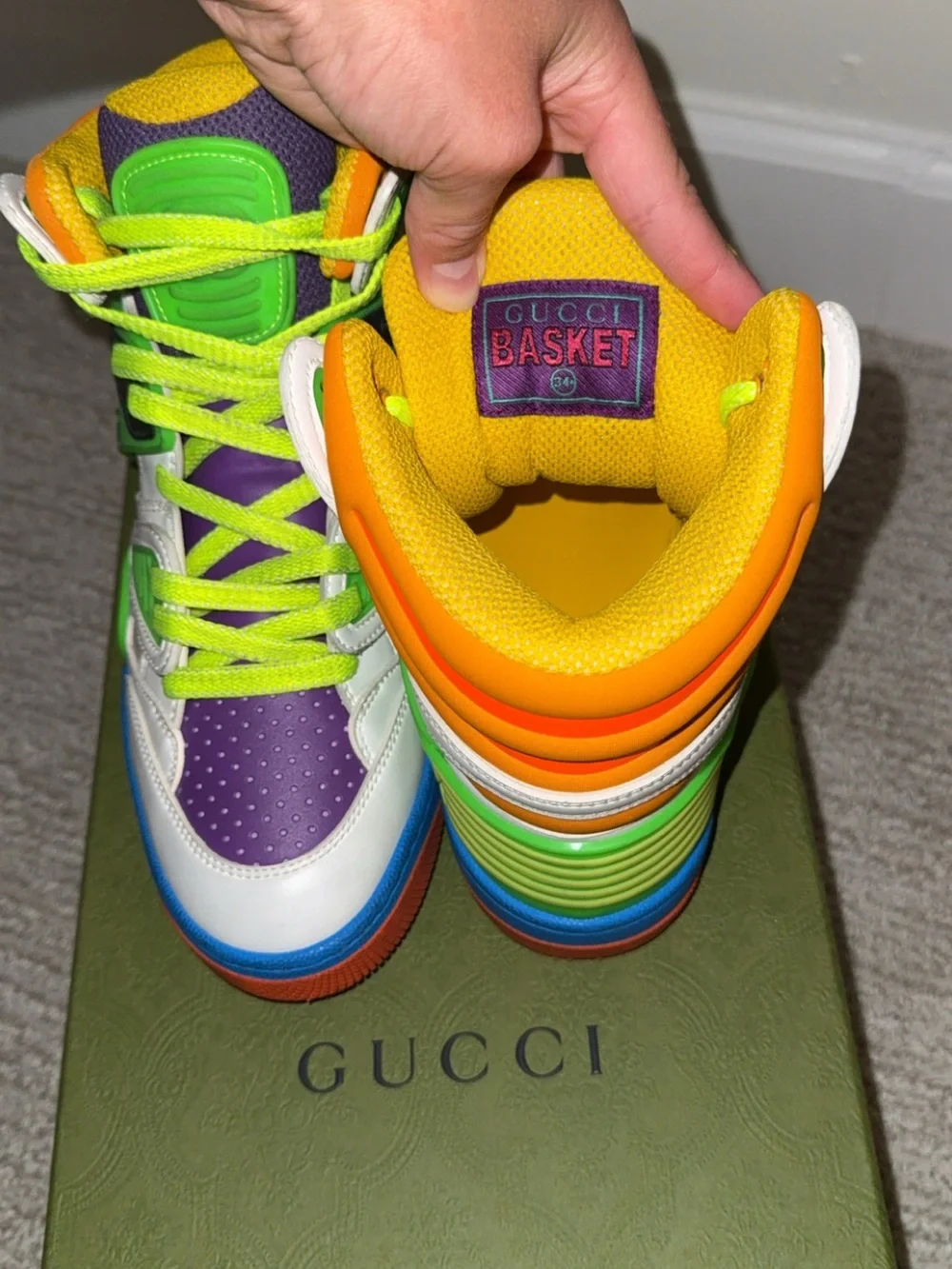 Gucci Kids Neon Green Orange Blue White High-Top Sneakers